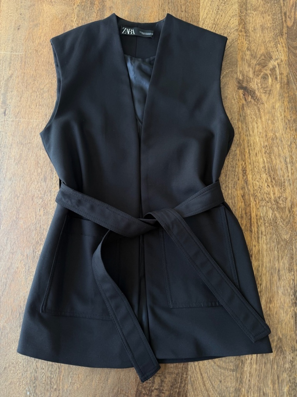 Zara Black Belted Longline Vest Cotton Blend Patch Pockets Small - Picture 6 of 13